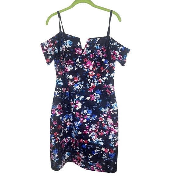 Guess Floral Dress 12 Black Mini Cold Shoulder Preppy Old Money Classic Chic 80s - Picture 1 of 13